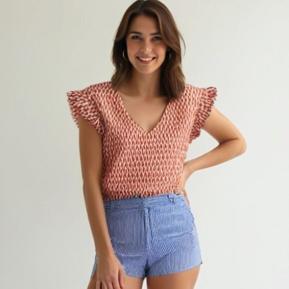 NWT Recycled Orange Graphic Print V-Neck Ruffle Sleeve Top -- L - Picture 1 of 12